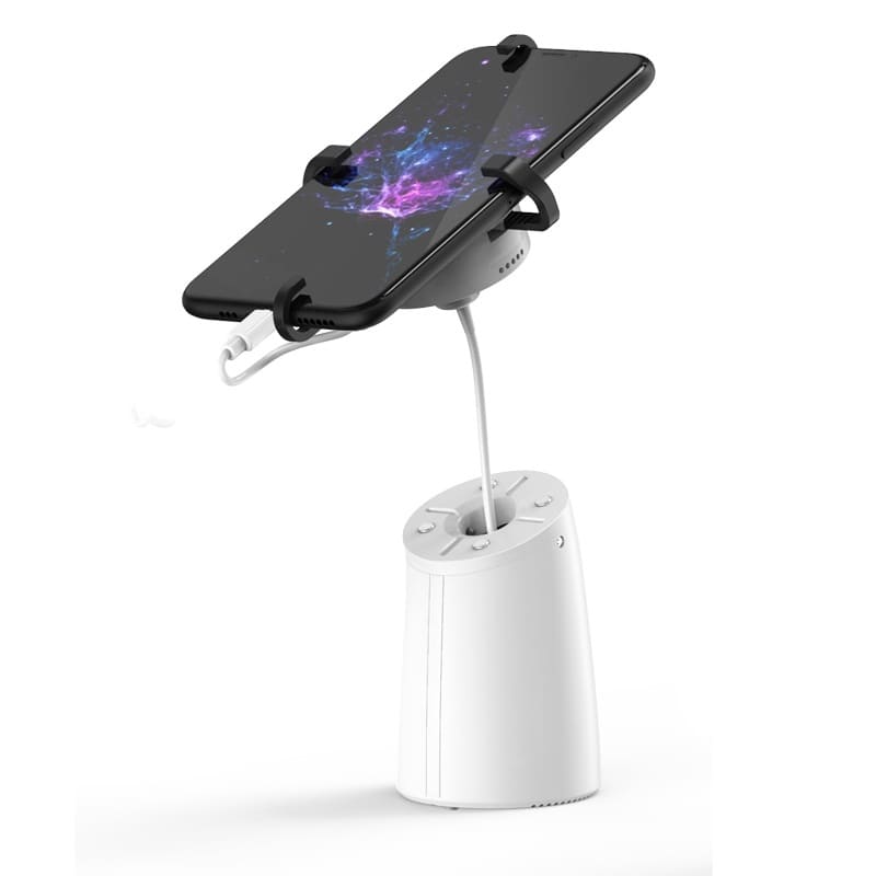 Alien-security designs and produces a variety of anti theft phone holders,from high security with metal grippers to wireless security stand, from alarm to no alarm, from pick up to lock-down,that fit your unqiue requirement. All these security stands help you dicrease theft, and maximize every sales opportunity. This is the most popular mobile security stand MAS1008: 4 metal arms, retractable, charging, alarm and optional lock down.